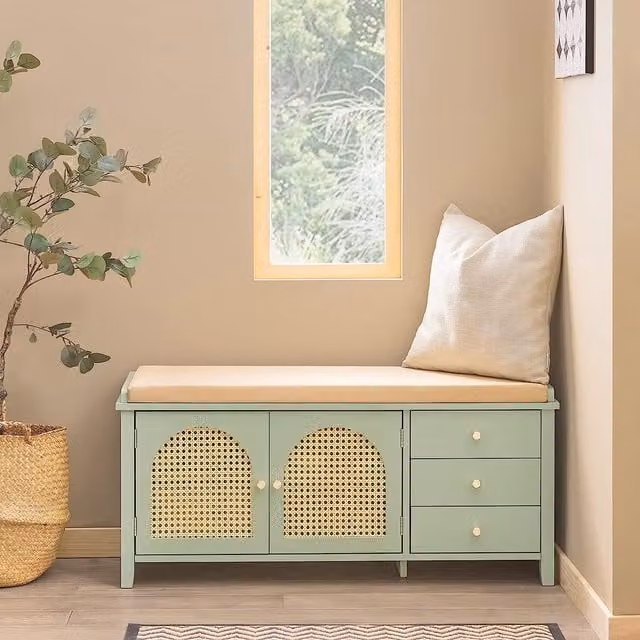 SoBuy Pastoral Modern Fabric and Wood Storage Bench in Green