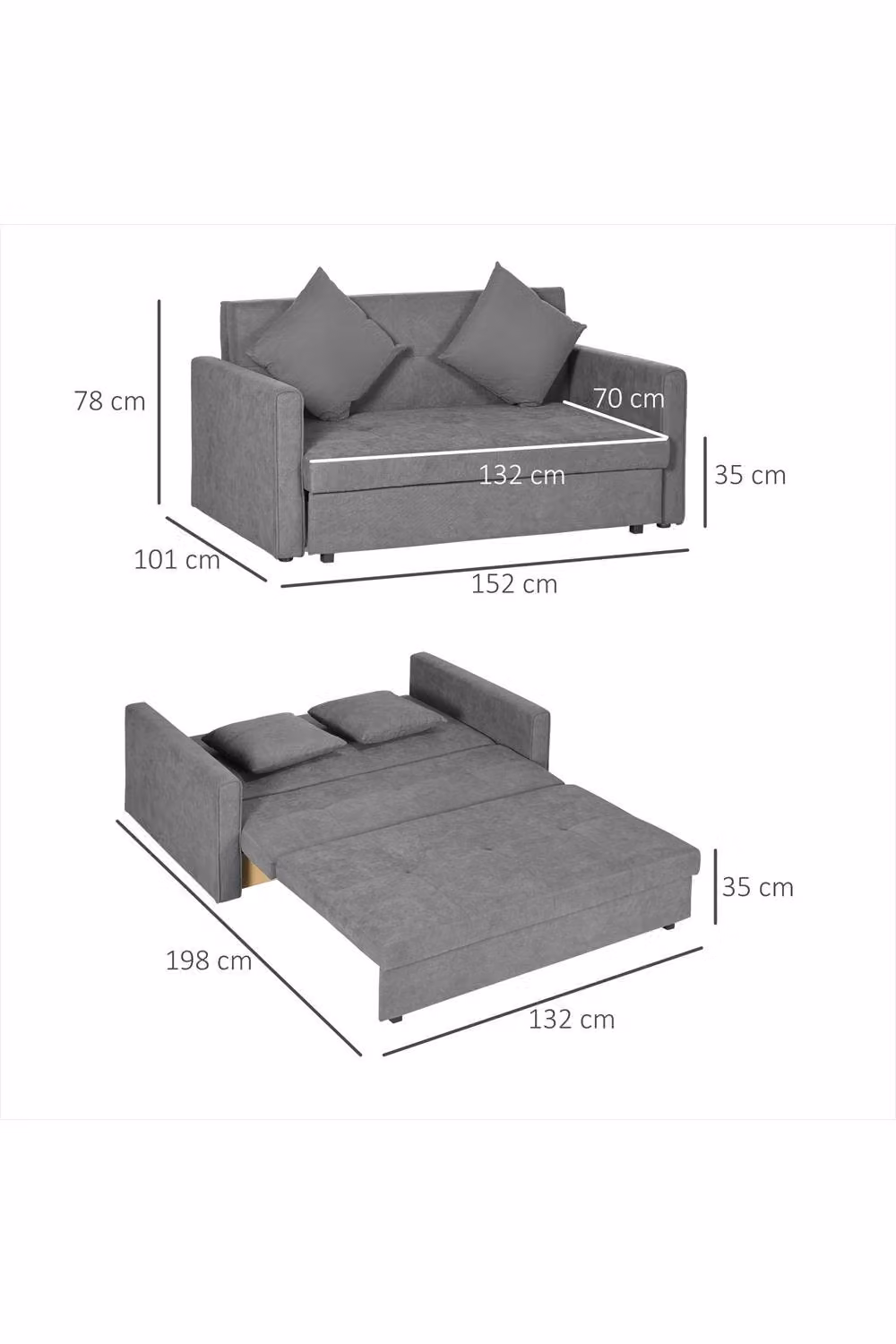 ERGOVEXA Snow Flannel Two-Seater Sofa Bed in Grey with Storage and Pull-Out Function, W/D/H: 152 x 78 x 45 cm – 2