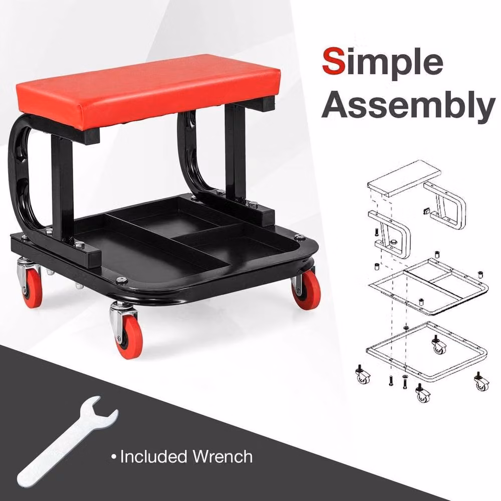 Havendro Rolling Mechanic Creeper Stool with Padded Seat and Tool Storage Tray, Red, W/D/H: 37.0 x 36.0 x 38.0 cm – 3