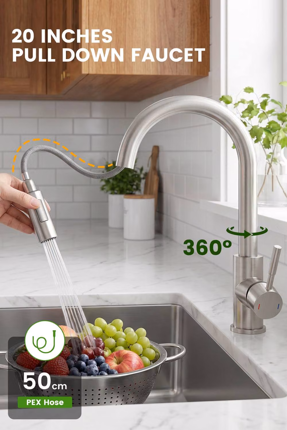 JANLEMNY Brushed Stainless Steel Kitchen Mixer Tap with Pull-Out Spray and 360 Degree Swivel in Silver, W/D/H: 100 x 40 x 17 cm – 4