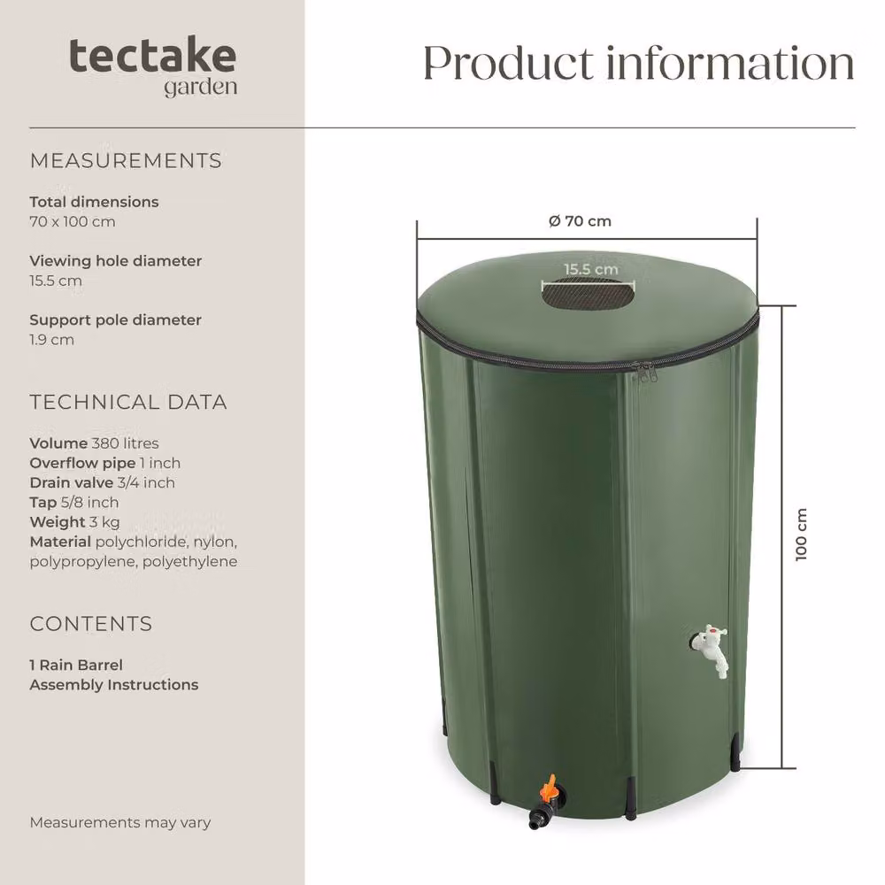 tectake Green Rain Barrel with Tap and Overflow Protection, 380 l – 5