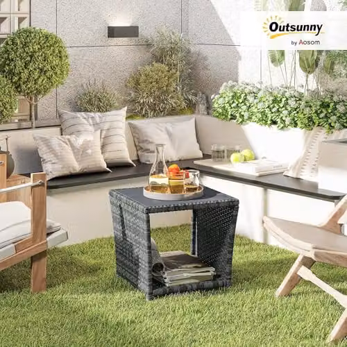 Outsunny 2-Tier Grey PE Rattan Side Table with Storage Shelf – 2