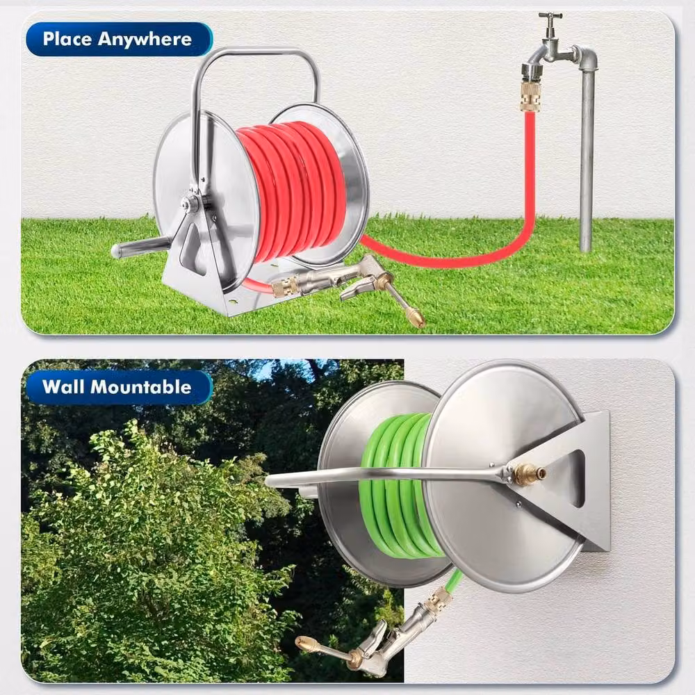NESTLUNE Stainless Steel Wall Mounted Garden Hose Reel in Silver – 3