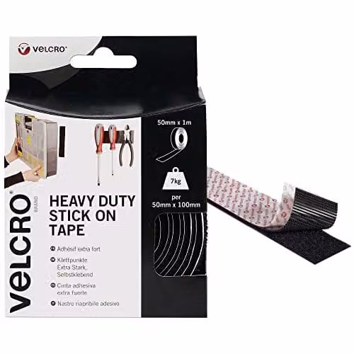 VELCRO Brand Heavy Duty Double Sided Self Adhesive Hook and Loop Tape, Black, Width: 50 mm, Length: 1 m
