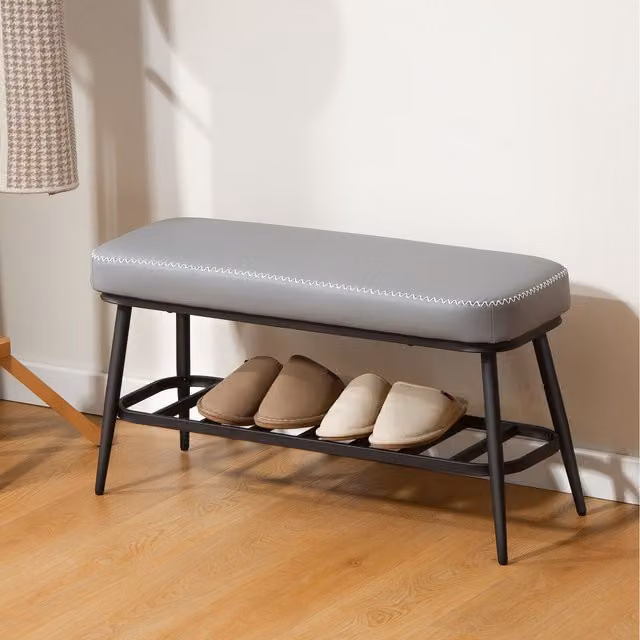 HOMCOM Grey PU Leather Upholstered Shoe Storage Bench for Entryway and Hallway