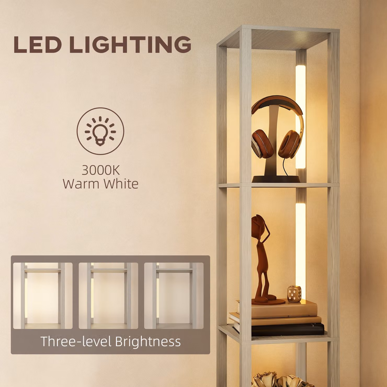 HOMCOM Modern LED Floor Lamp with Shelves and Fabric Drawer, Dimmable Warm White Column Standing Lamp in White and Wood for Living Room, Bedroom or Home Office – 3