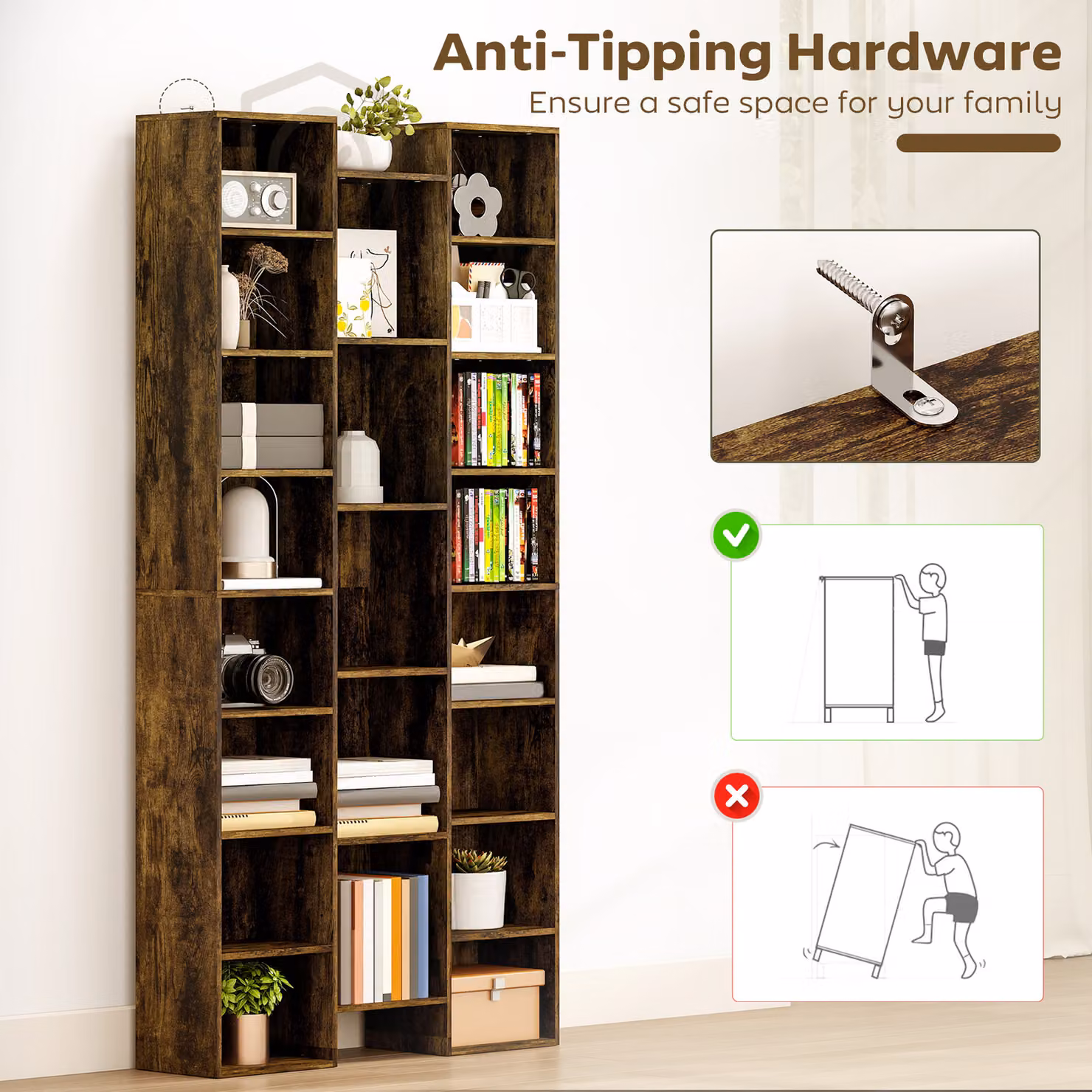 HOMCOM 21-Compartment Modern Brown Wood Cube Bookshelf with Adjustable Shelves and Back Panel – 6