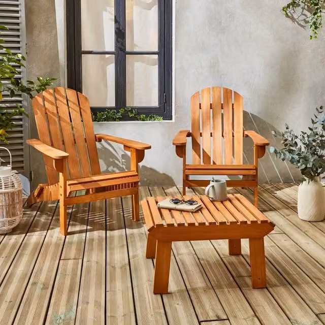 sweeek Pair of Brown Oiled Wooden Garden Deck Chairs with Footrests and Armrests