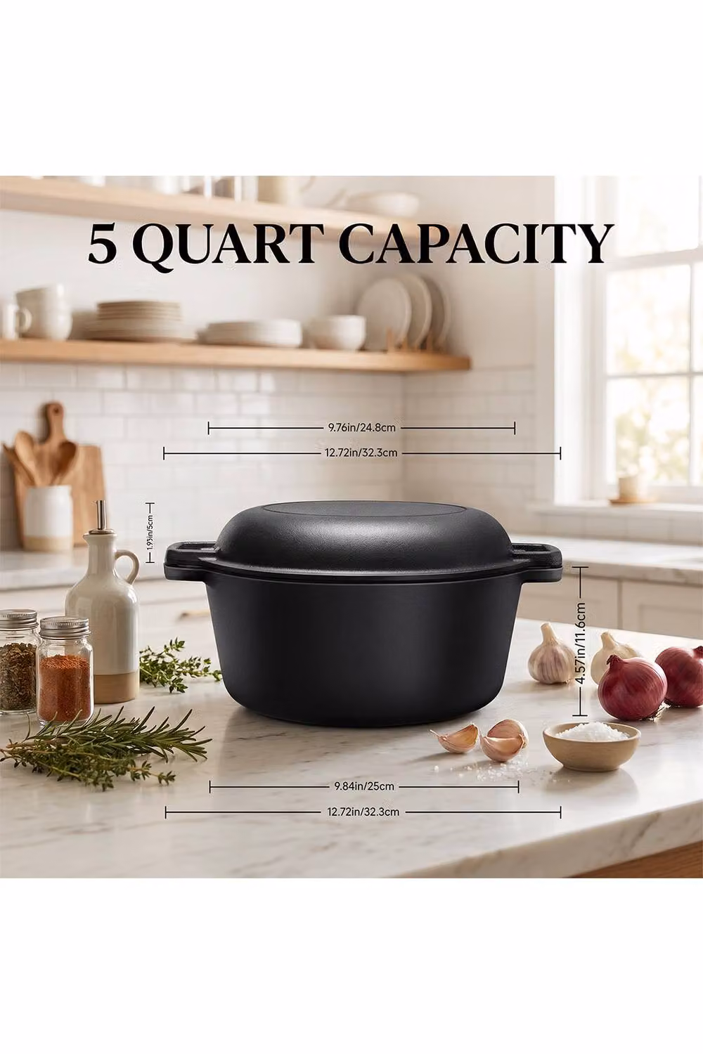 Living and Home 5L Cast Iron 2-in-1 Casserole Dutch Oven with Reversible Lid in Black – 5