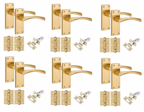 Golden Grace Victorian Astrid Door Handle Set with Rosette in Satin Brass, 6 Pairs