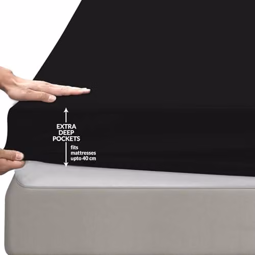 Pamposh Double Extra Deep Pocket Fitted Sheet in Black, 140 x 200 cm with 40 cm Depth, Premium Brushed Microfibre – 3