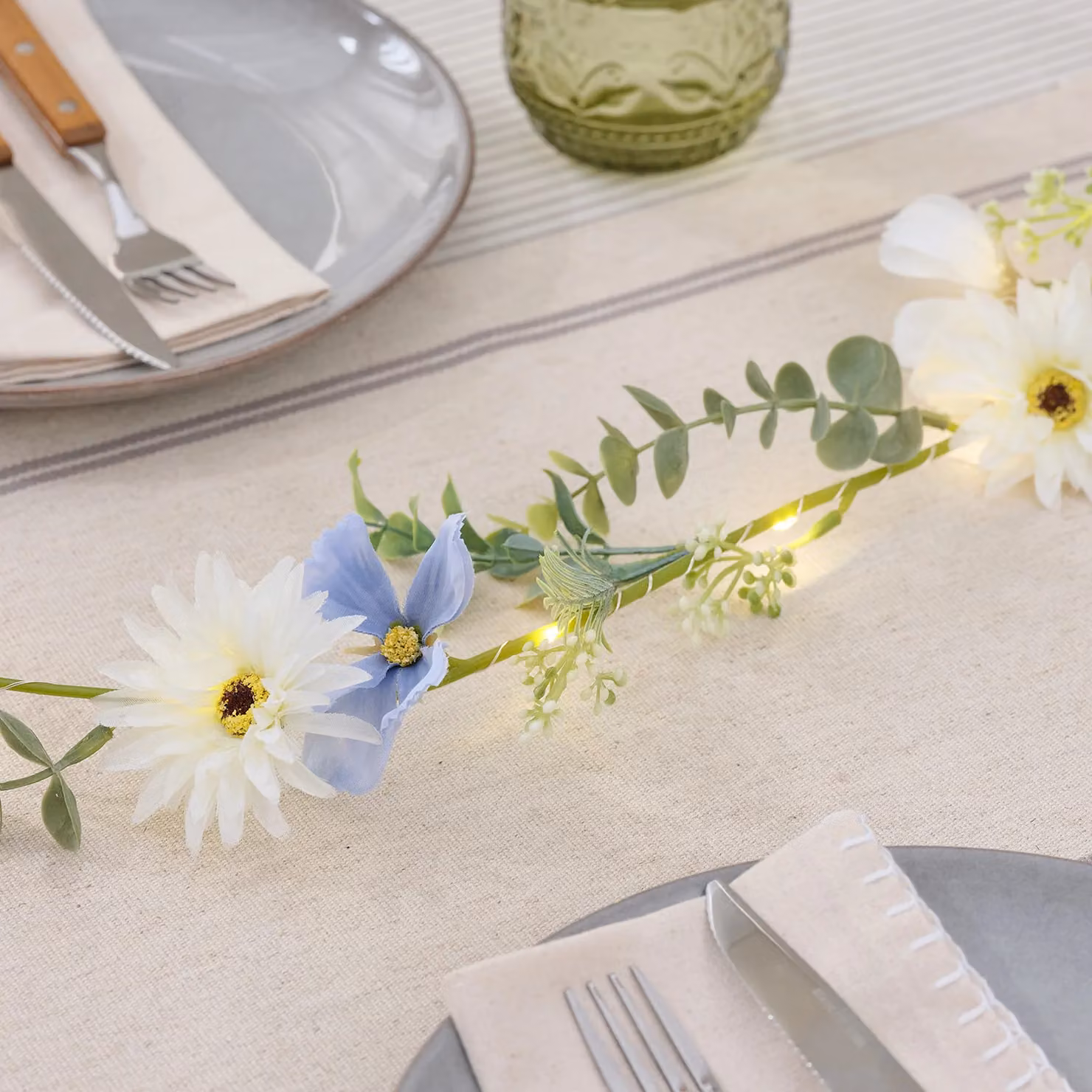 Lights4fun Pre Lit Blue and White Bloom Artificial Floral Garland with Warm White Micro LED Lights – 1