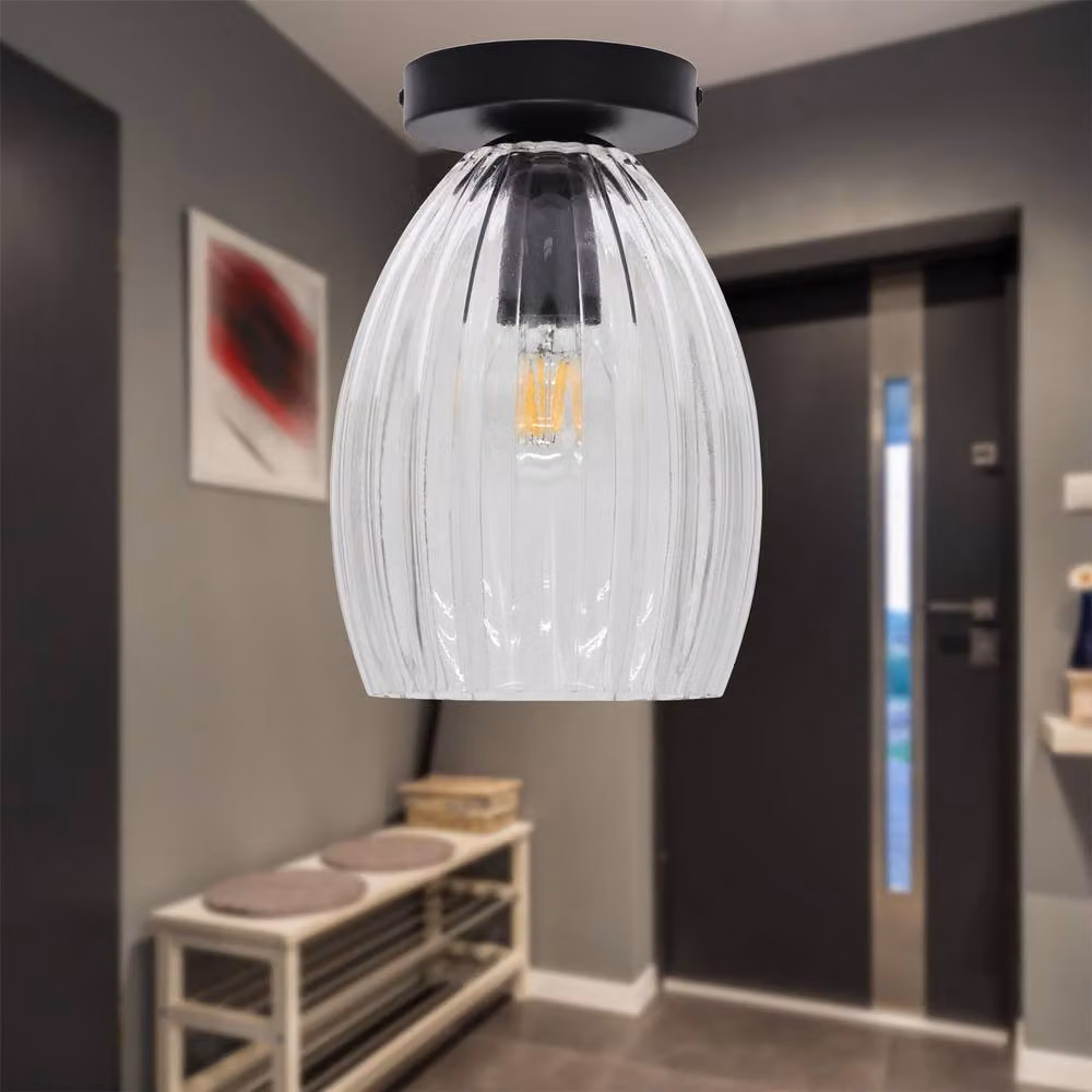First Choice Lighting Birch Set of 2 Black Ceiling Light Fittings with Transparent Fluted Glass – 3