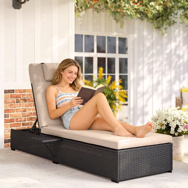 Outsunny Rattan Lounger with Weatherproof Cushion and Side Tray, Black