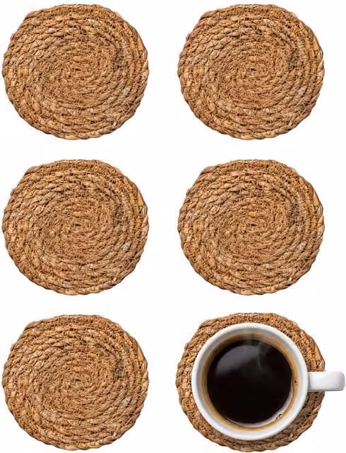 Argon Tableware Pack of 6 Round Water Hyacinth Woven Coasters, Brown, Diameter: 10 cm