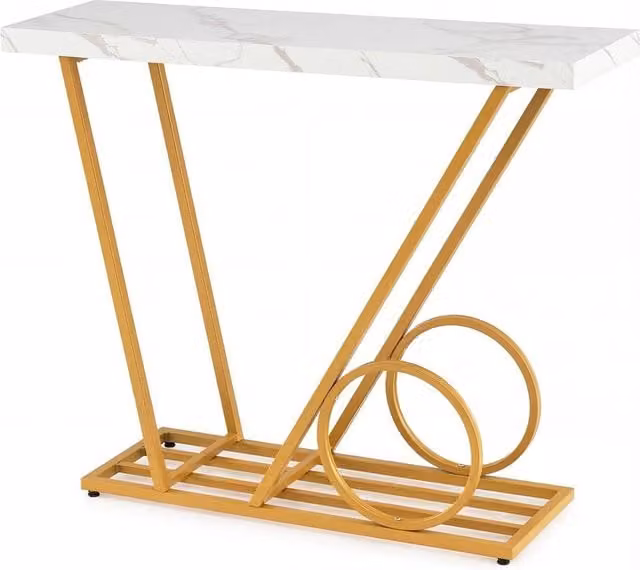 VOGREX Modern White and Gold Faux Marble Entryway Console Table