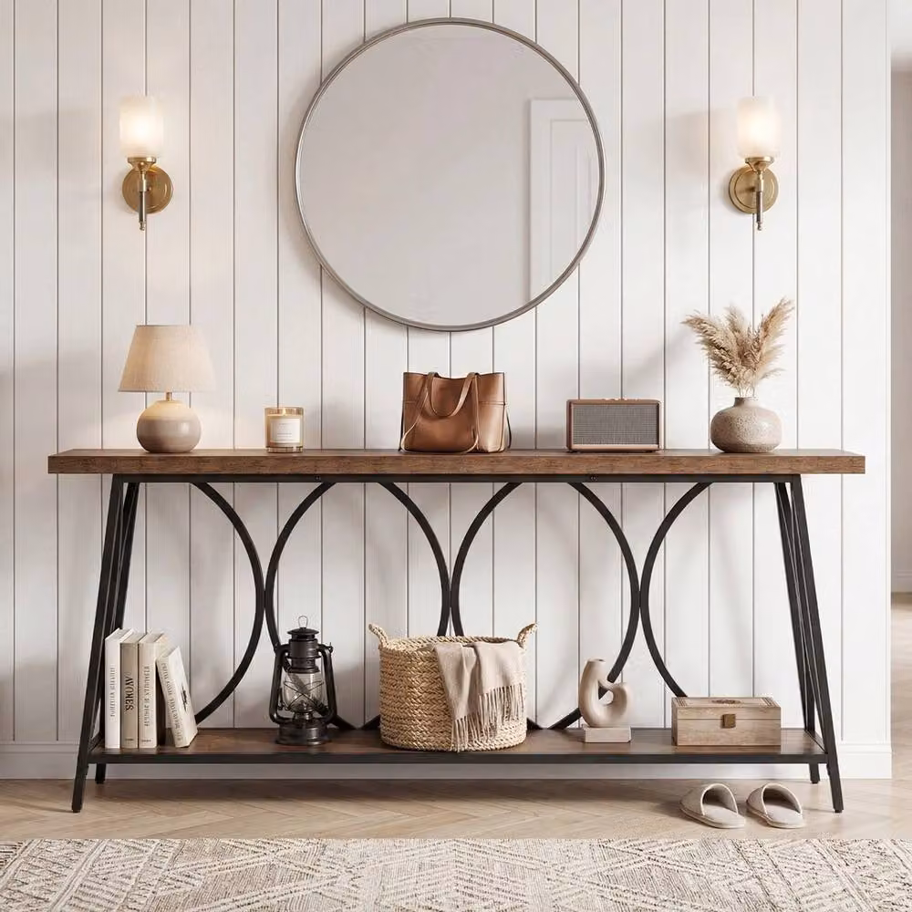 Havendro Industrial Brown Sofa Table with Storage and X-Frame Metal Design, W/D/H: 180 x 29.5 x 80 cm – 4