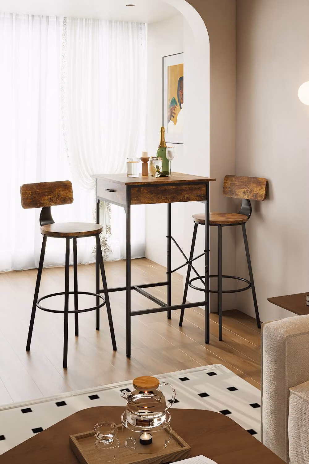Living and Home Modern Square Tall Wood Table in Brown – 2