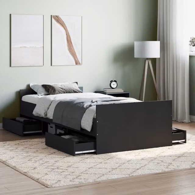 Berkfield Home Single Bed Frame with Headboard, Footboard and Drawers, Black, W/D/H: 90 x 190 cm