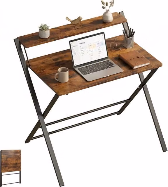 Rolipo Compact Folding Computer Desk with Storage Shelf in Brown – 1
