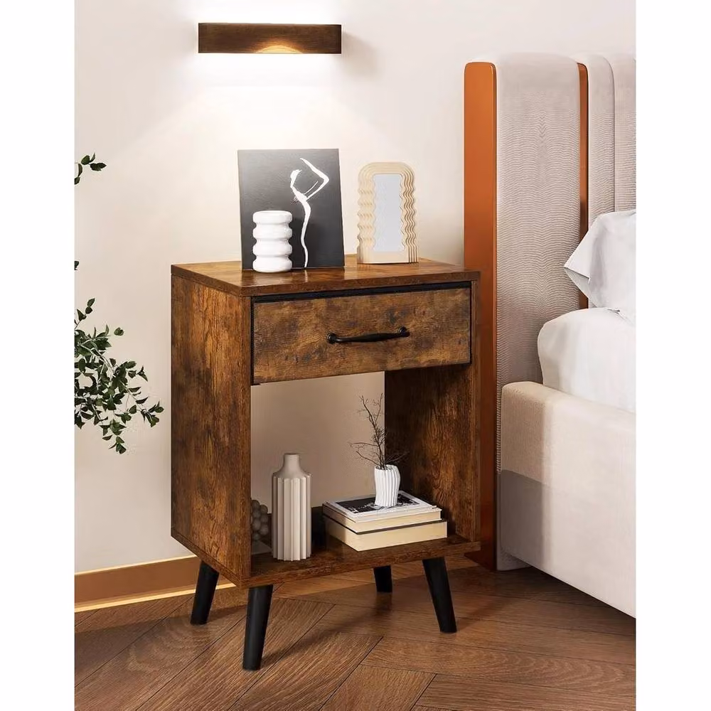 VOGREX Set of 2 Rustic Brown Wooden Nightstands with Fabric Drawers – 3