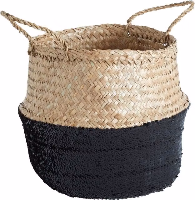 Premier Housewares Small Silver and Black Seagrass Storage Basket with Handles, W/D/H: 30 x 30 x 28 cm