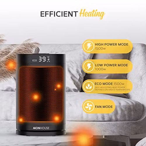 MONHOUSE 1500W Ceramic Fan Heater in Black, Freestanding with Timer – 4