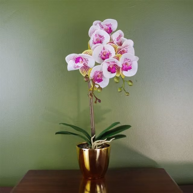 Botanik Realistic Artificial Pink Orchid in a Gold Pot, Height: 48 cm