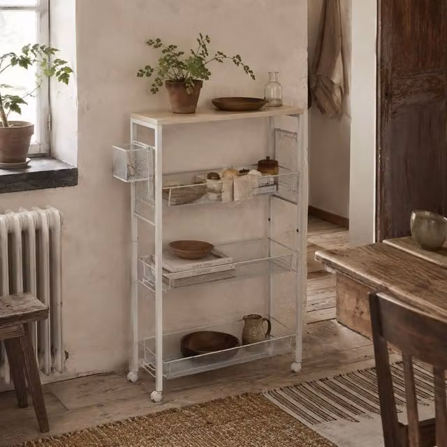 Wyld Haus Else Lune 3 Tier Slim Kitchen Cart with White Frame and Maple Top
