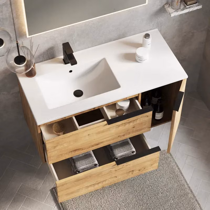 Banyetti Celtic Duo 1000mm Wall Hung Vanity Unit with Door and Basin in Ostippo Light Oak – 3