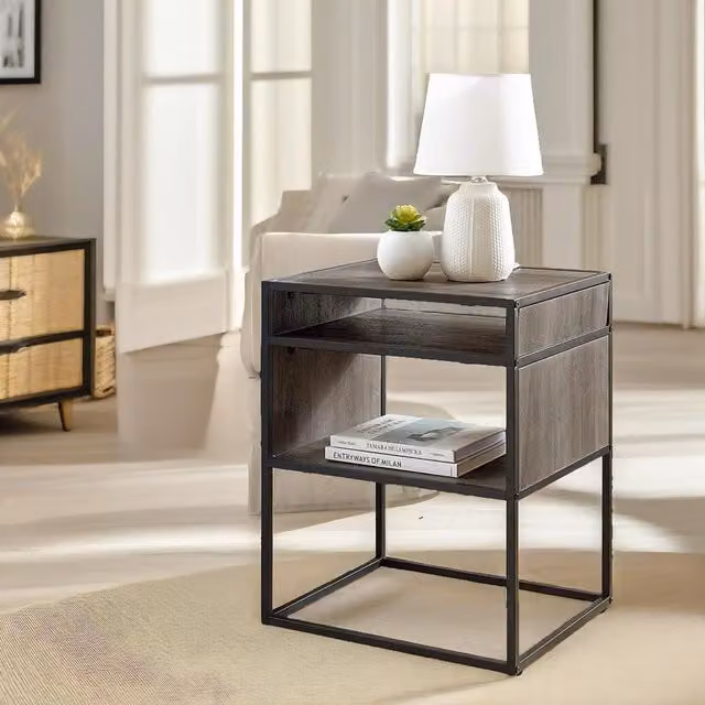 Pirlo Plush Industrial Square Side Table with Open Storage in Light Brown – 1