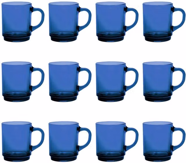 Duralex Blue Glass Coffee Mugs, 260 ml, Set of 12