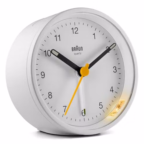 Braun Classic Analogue Alarm Clock in White, Yellow or Black