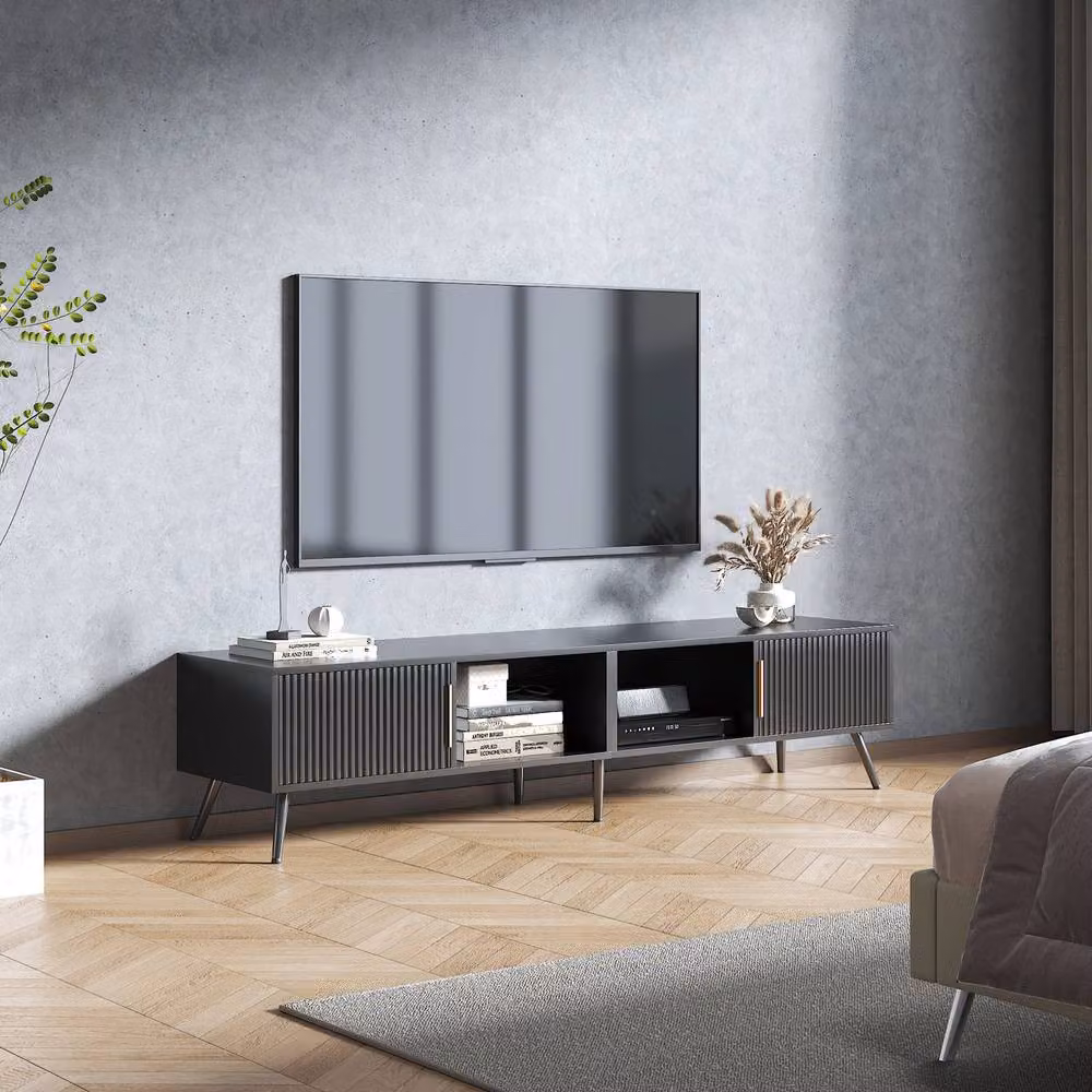 KEEPREAPER Modern Fluted TV Stand in Black with Storage for TVs up to 75 Inch – 3