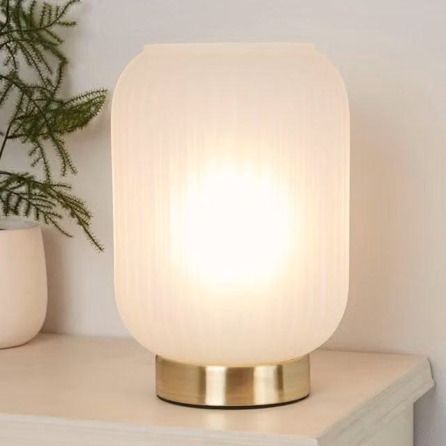 Lighting Collection Art Deco Frosted Glass Table Lamp in White and Gold/Brass