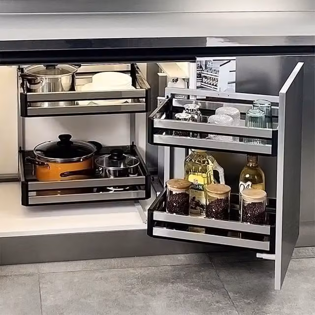 Living and Home Kitchen Corner Cabinet Storage Drawer with Silver Wire Basket and Soft Close Runners – 1
