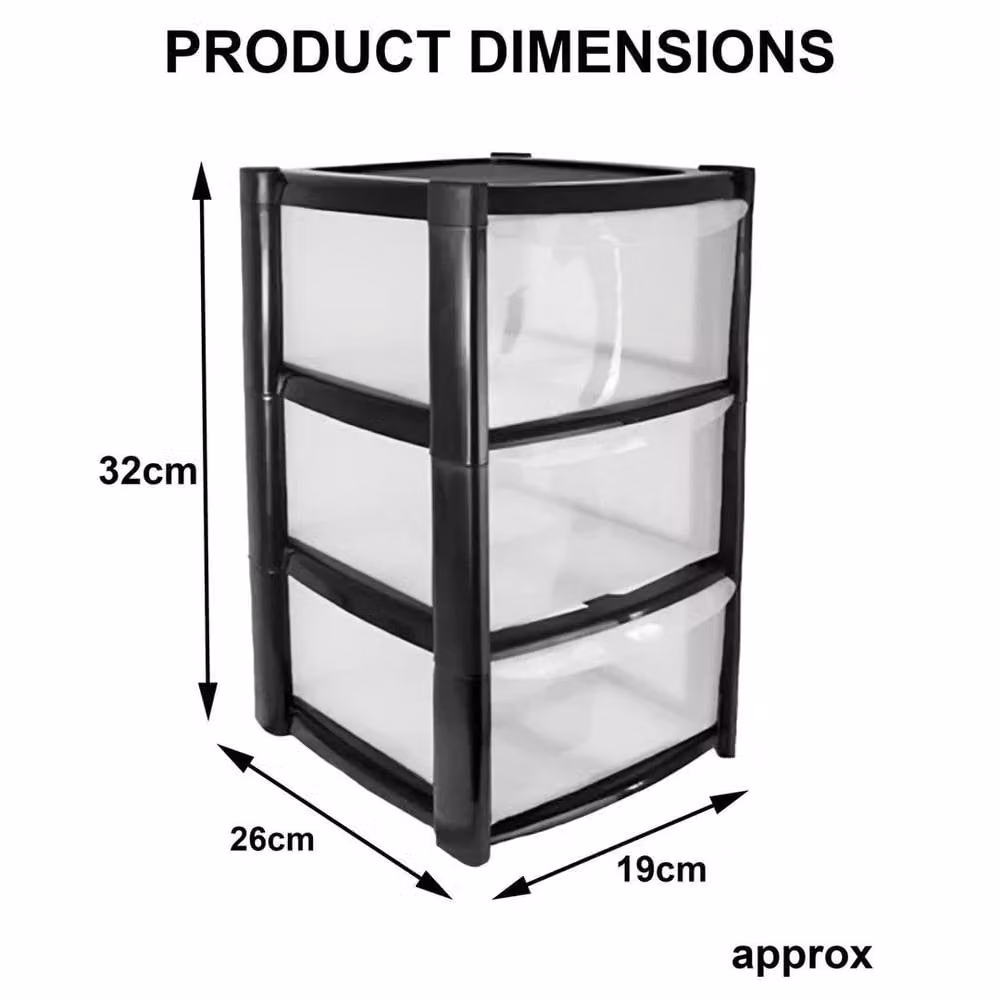 FORGEVIO 3 Tier Plastic Mini Drawer Storage Unit in Black and Transparent, W: 50.0 cm, D: 32.0 cm, H: 50.0 cm – 2