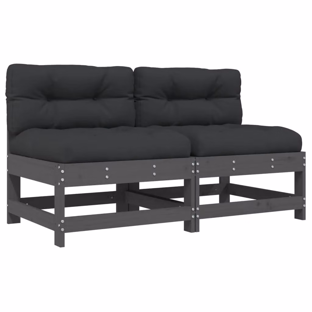 Berkfield Home Middle Sofas with Cushions, 2 Piece Grey Fabric and Solid Pine Wood Set – 2