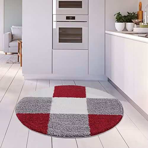 THE RUGS Modern Red and Grey Checked Round Shaggy Area Rug, Diameter: 120 cm – 2