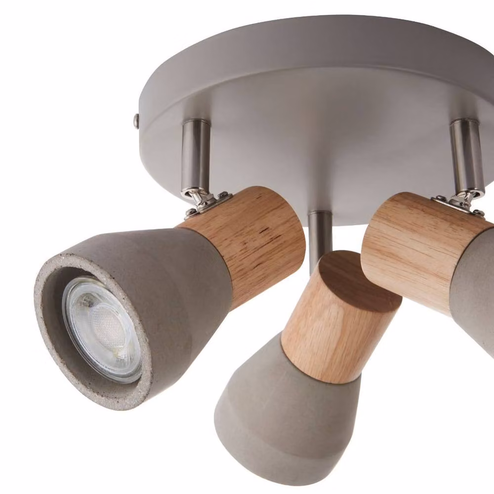 Pagazzi Stoneleigh 3 Light Ceiling Spotlight Plate in Grey Concrete and Wood Effect with Adjustable LED GU10 Lamps – 3