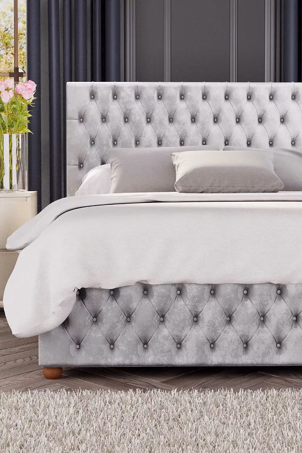 Laurence Llewelyn-Bowen Seren Ottoman Storage Bed in Silver Mirazzi Velvet Fabric, King Size (W: 180 cm, D: 200 cm) – 3
