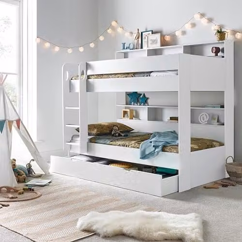 Bedmaster Olly Single Storage Bunk Bed with White Orthopaedic Mattresses and Drawers, White and Grey