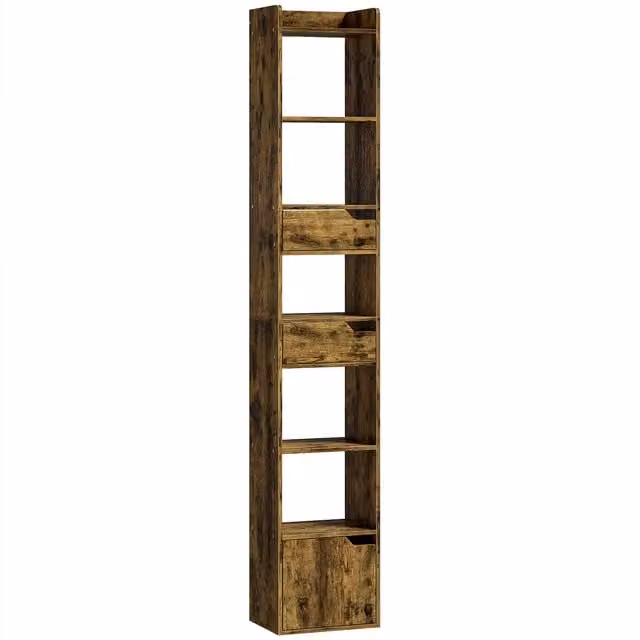 HOMCOM Tall Narrow 5-Tier Bookcase with Drawers and Storage Cabinet in Rustic Brown – 1