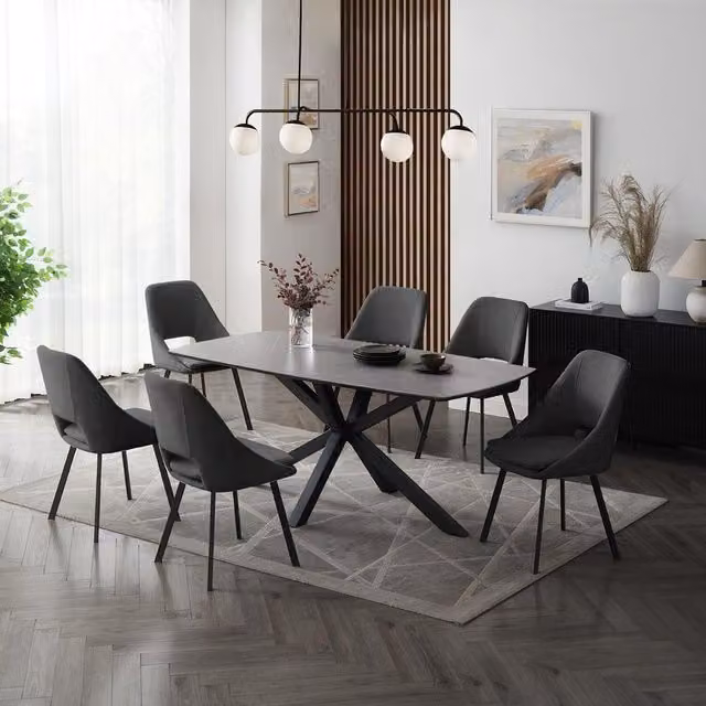 GRS Bordeaux Grey Sintered Stone Dining Set with 4 Fabric Chairs