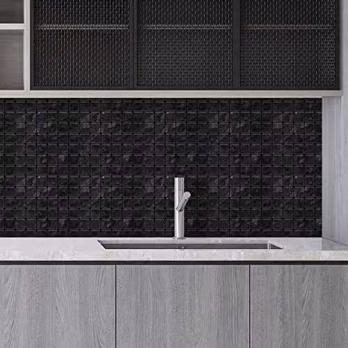 WALPLUS 24-Piece Dark Marble Mosaic Wall Tile Sticker Set in Black and Grey, Glossy Aluminium Film Peel and Stick Backsplash Decals for Kitchen and Bathroom, W/D/H: 15 x 15 x 0.54 cm – 2