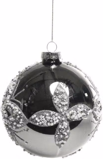 KDMD Grey Glass and Pewter Floral Christmas Baubles, 2 Pack, Diameter: 10 cm