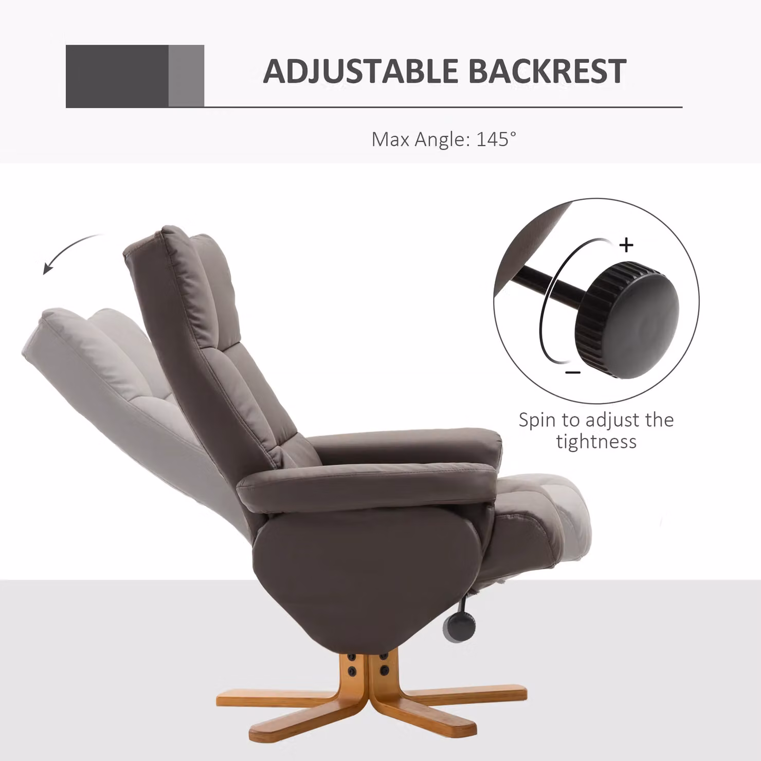 HOMCOM Swivel Recliner Chair with Ottoman in Brown Synthetic Leather and Solid Wood Frame – 3