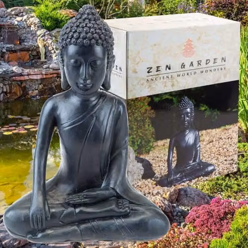 PMS VFM Zen Garden Meditating Buddha Tabletop Ornament, Black, H: 30.0 cm, W: 25.0 cm, D: 15.29 cm – 3