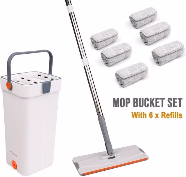 EONLION Flat Mop and Bucket Set with Wringer and 6 Pads, White, Height: 100 cm – 1