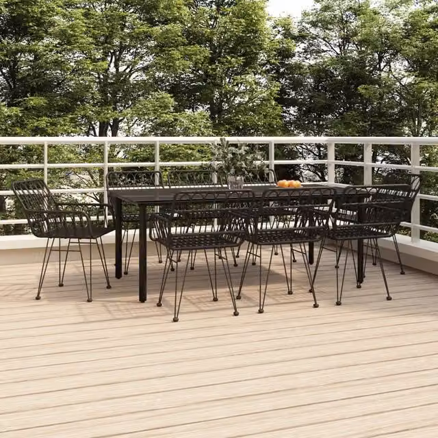 Berkfield Home 9 Piece Black Poly Rattan Garden Dining Set with Glass Top Table